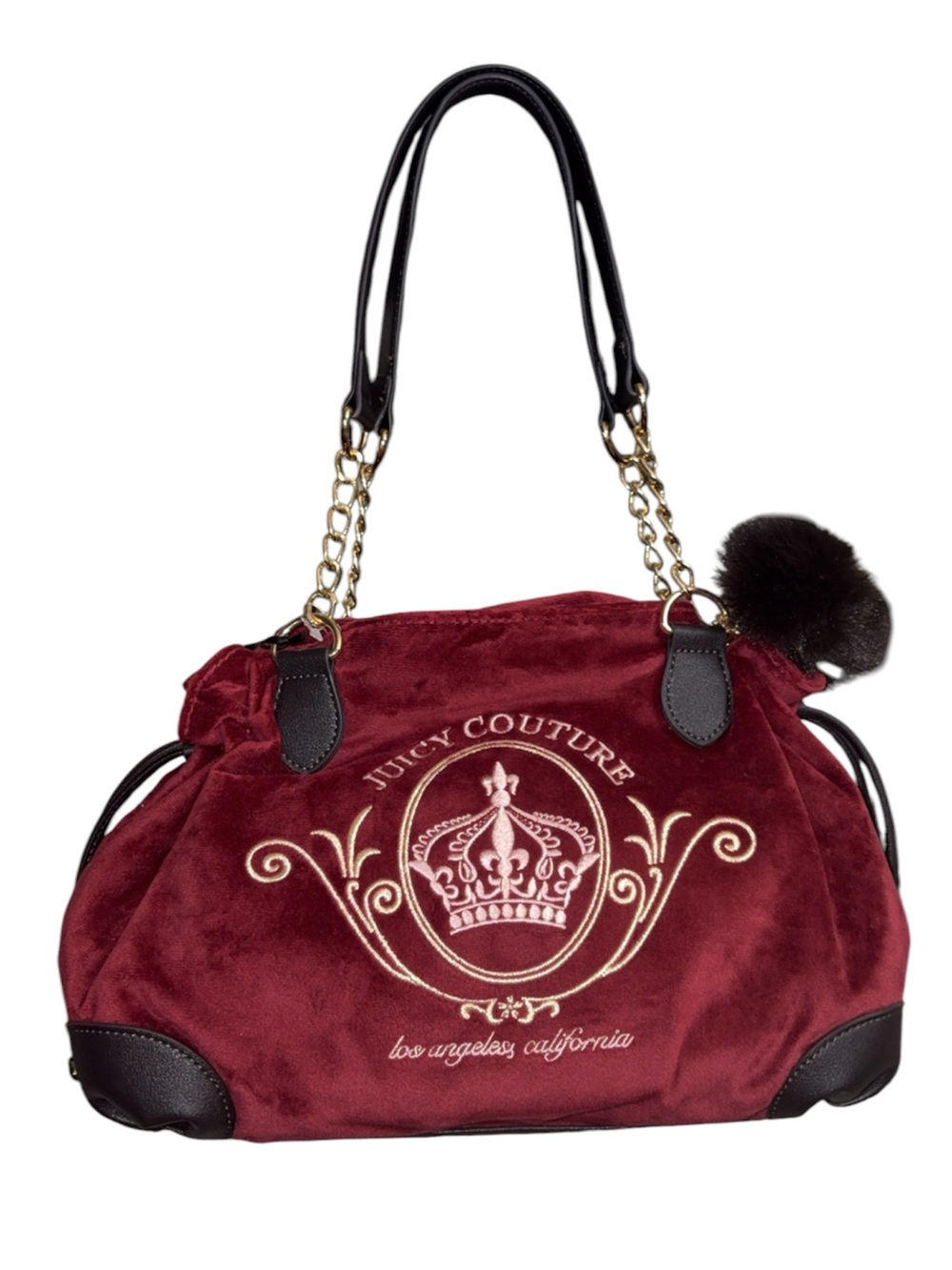 Juicy Couture Burgundy Velour Shoulder Bag with Gold Chain Handles